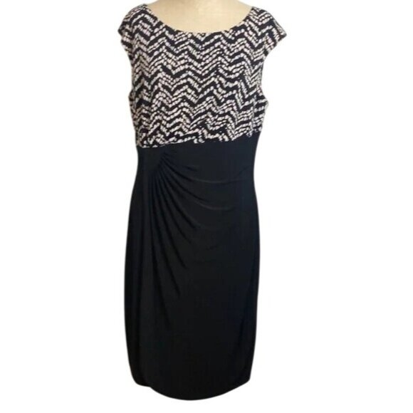 Chaps Black & White Cap Sleeve Dress Ruched Waist XL - Picture 1 of 7